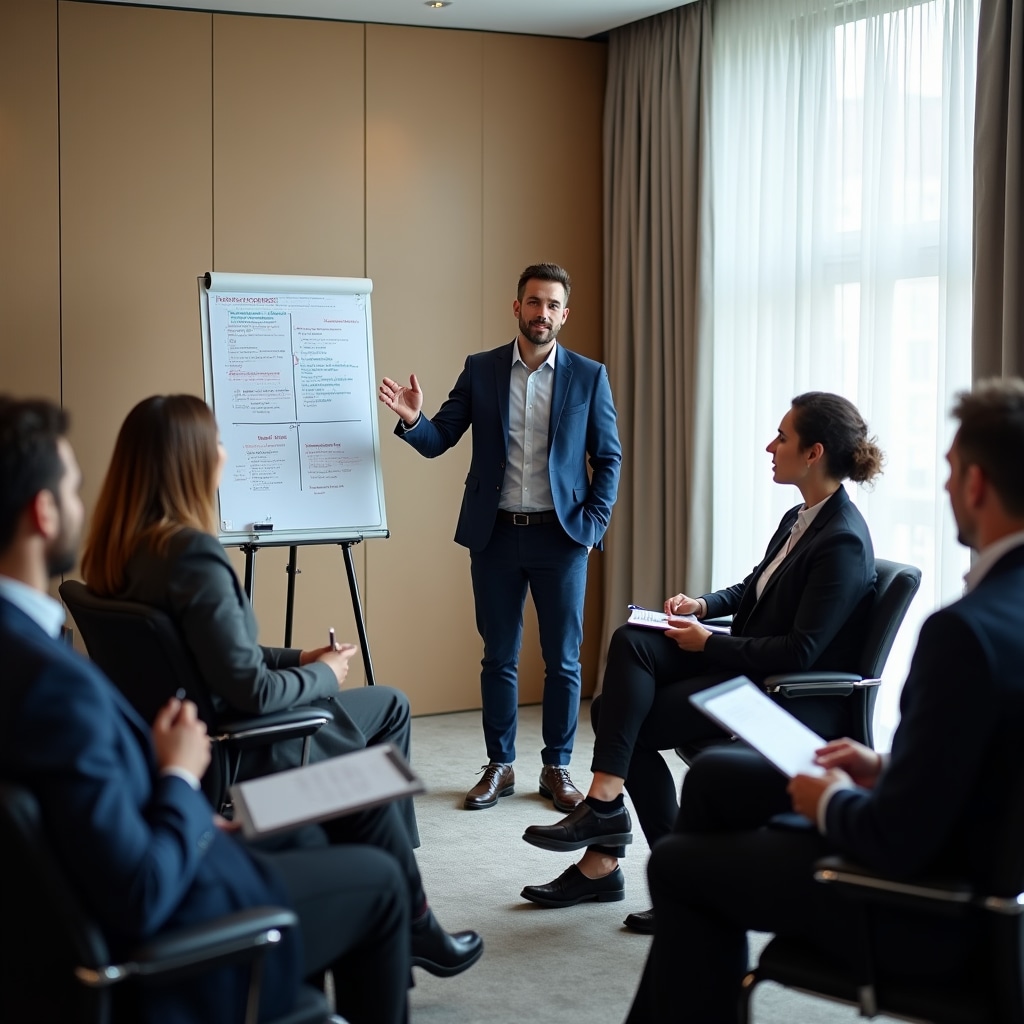 Professional training facilitator leading negotiation workshop session with engaged participants